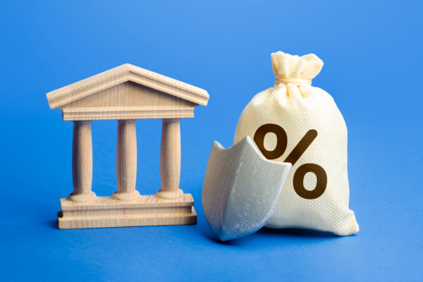 Wooden model of a classical building symbolizing a financial institution, next to a money bag with a percentage symbol and a shield, representing financial regulations, fee management, and consumer protection, set against a blue background.