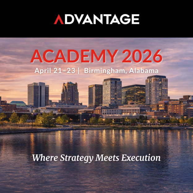 Birmingham, Alabama skyline at sunset featuring Railroad Park and downtown buildings, promoting ADVANTAGE Academy 2026, April 21–23.