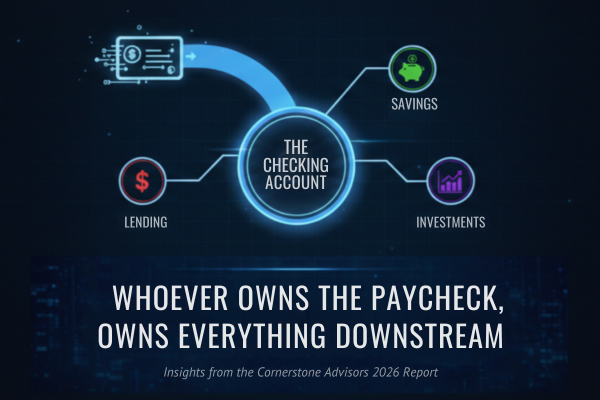 Illustration showing the checking account as the center of a financial relationship, connecting to savings, lending, and investments, with the message: “Whoever owns the paycheck owns everything downstream.”