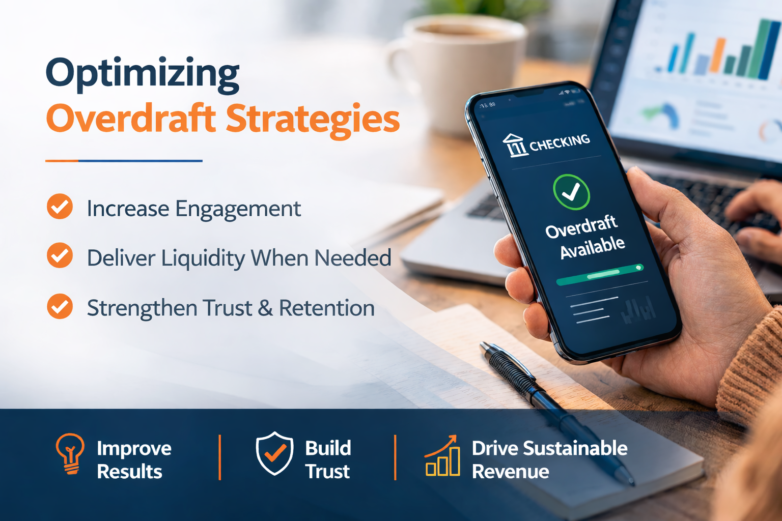 Smartphone displaying overdraft availability with financial charts in background, representing optimized overdraft strategy.