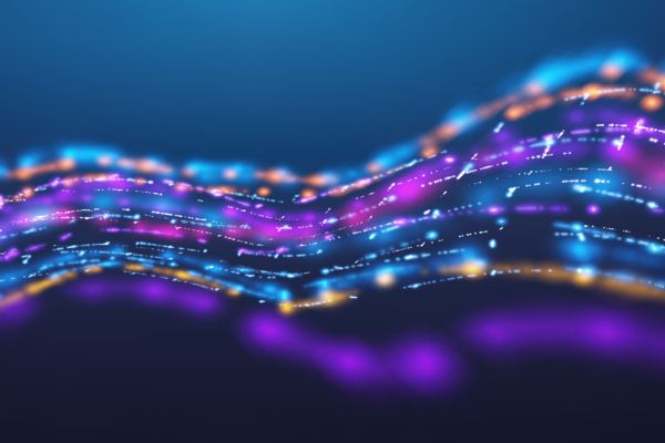 Abstract visualization of flowing data streams representing complex systems, operational workflows, and interconnected technology in overdraft management