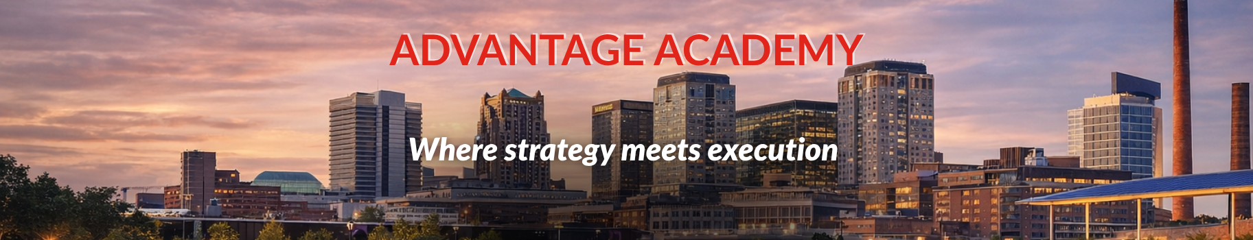 Birmingham, Alabama skyline at sunset with “Where strategy meets execution” text overlay