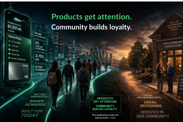 Illustration comparing fintech and community banking, showing consumers choosing digital banking features like high APY and no fees over local relationships and community service.