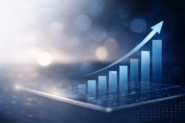 Upward bar chart with rising arrow representing deposit growth and account holder engagement trends