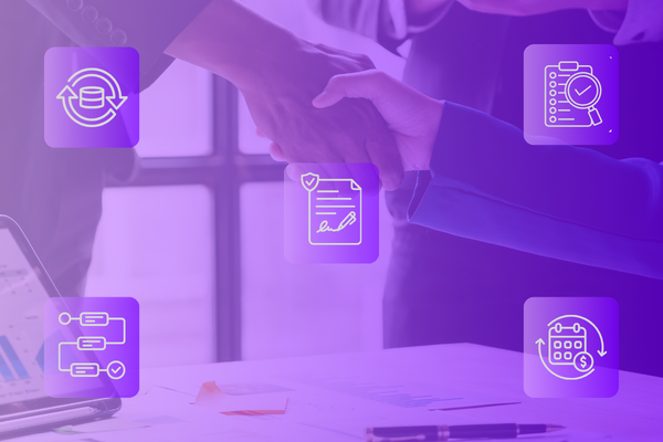 Handshake overlaid with contract, workflow, and financial icons to represent vendor contract review and optimization for financial institutions.