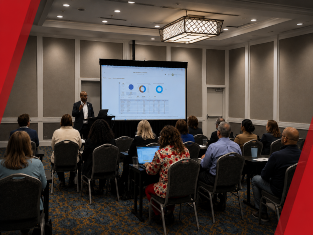 Presenter leading an ADVANTAGE ACADEMY client training session with attendees in a conference room
