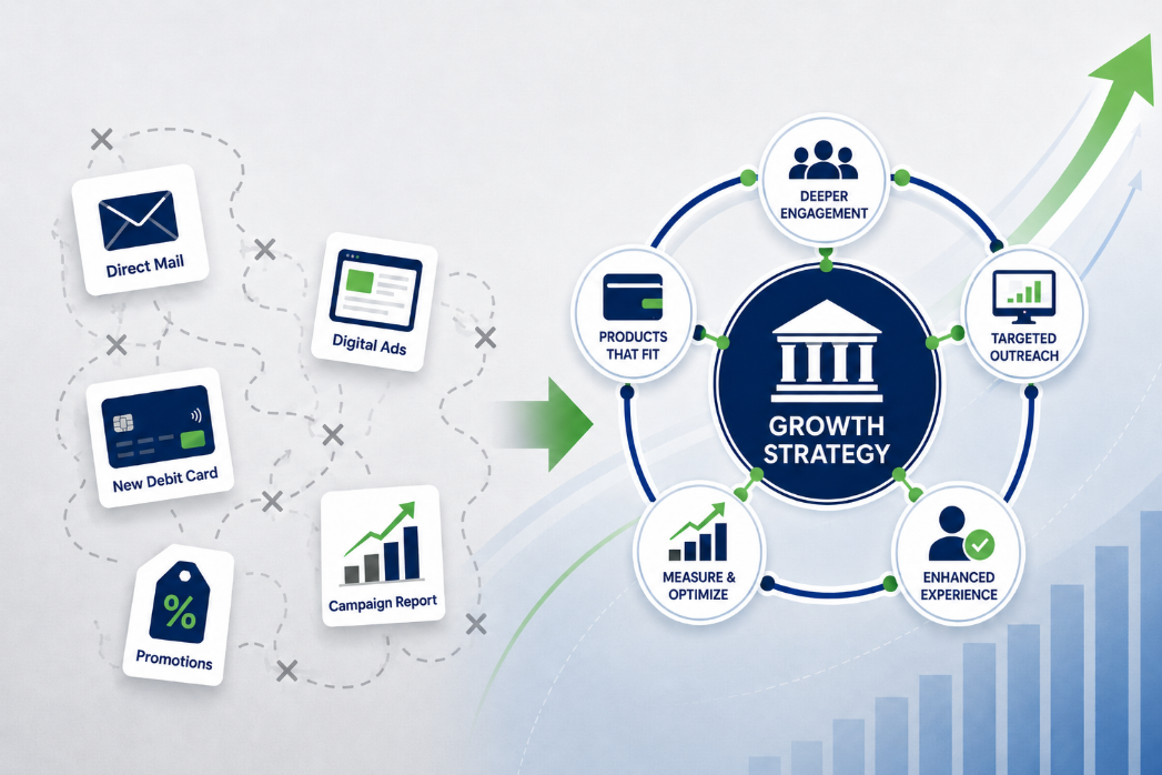 Illustration showing scattered growth activities, including direct mail, digital ads, debit cards, promotions, and campaign reports, connecting into an integrated growth strategy system with engagement, outreach, optimization, and experience elements.