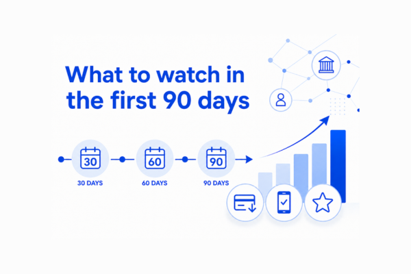 Graphic titled “What to watch in the first 90 days” with 30-, 60-, and 90-day milestones and banking growth icons.