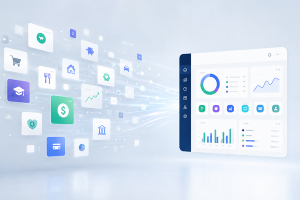 Multiple financial app icons converging into one unified digital dashboard.