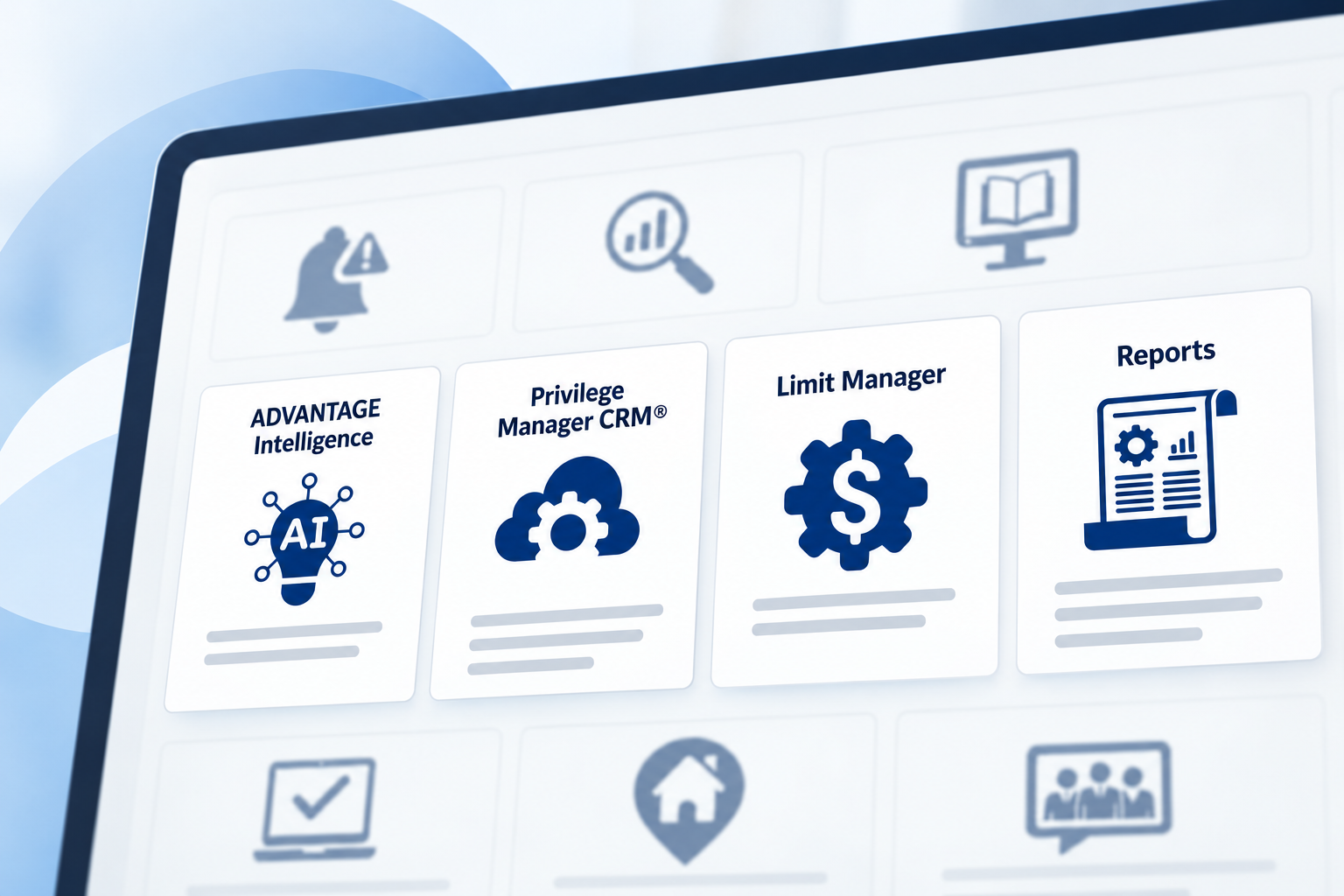 Illustration of the ADVANTAGE platform highlighting ADVANTAGE Intelligence, Privilege Manager CRM, Limit Manager and reporting tools.