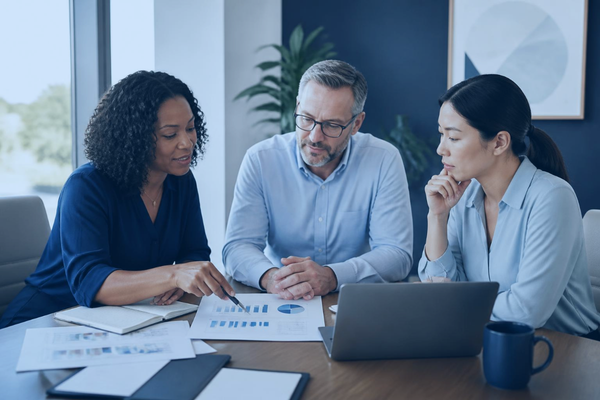 Three financial institution leaders reviewing printed growth charts and a laptop together at a conference table.