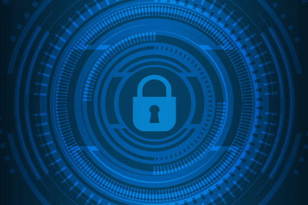Padlock icon at the center of glowing blue digital circles, representing cybersecurity